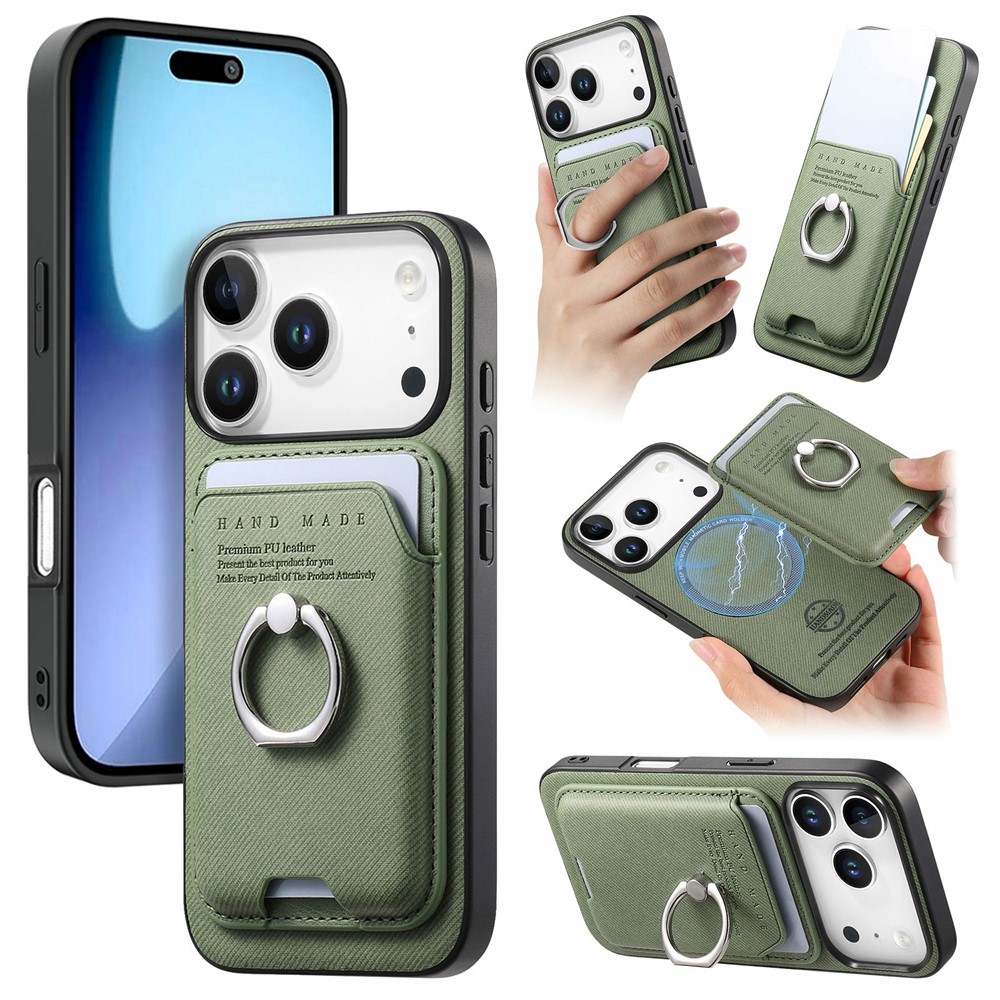 For iPhone 17 Pro Case Cloth Texture  Leather + PC + TPU Phone Cover with Detachable Magnetic Ring Kickstand Card Holder - Green