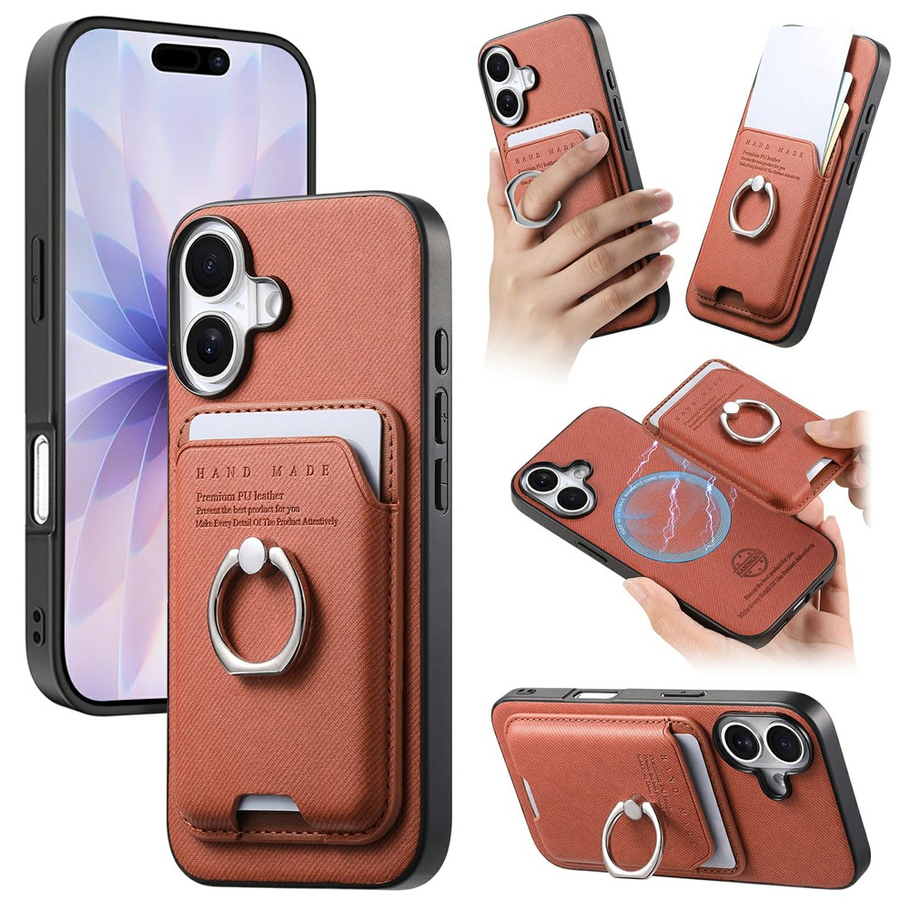 For iPhone 17 Case Cloth Texture Leather + PC + TPU Phone Cover with Detachable Magnetic Ring Kickstand Card Holder - Brown