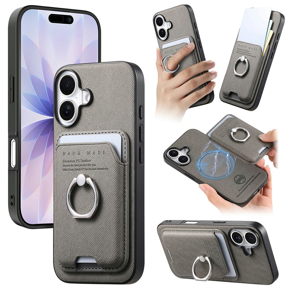 For iPhone 17 Case Cloth Texture Leather + PC + TPU Phone Cover with Detachable Magnetic Ring Kickstand Card Holder - Grey