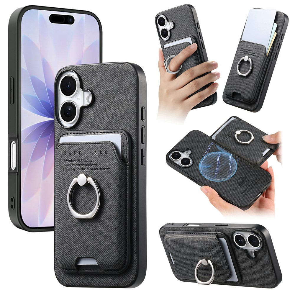 For iPhone 17 Case Cloth Texture Leather + PC + TPU Phone Cover with Detachable Magnetic Ring Kickstand Card Holder - Black