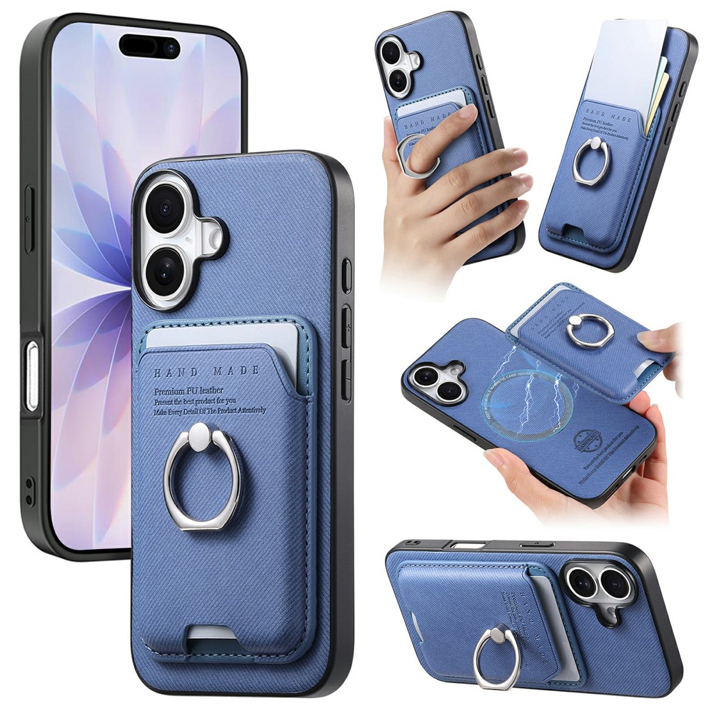 For iPhone 17 Case Cloth Texture Leather + PC + TPU Phone Cover with Detachable Magnetic Ring Kickstand Card Holder - Blue