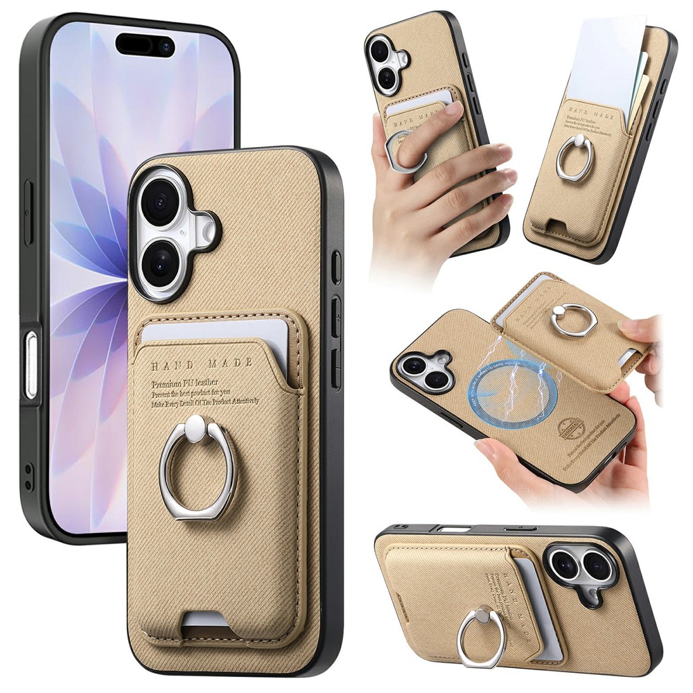 For iPhone 17 Case Cloth Texture Leather + PC + TPU Phone Cover with Detachable Magnetic Ring Kickstand Card Holder - Khaki