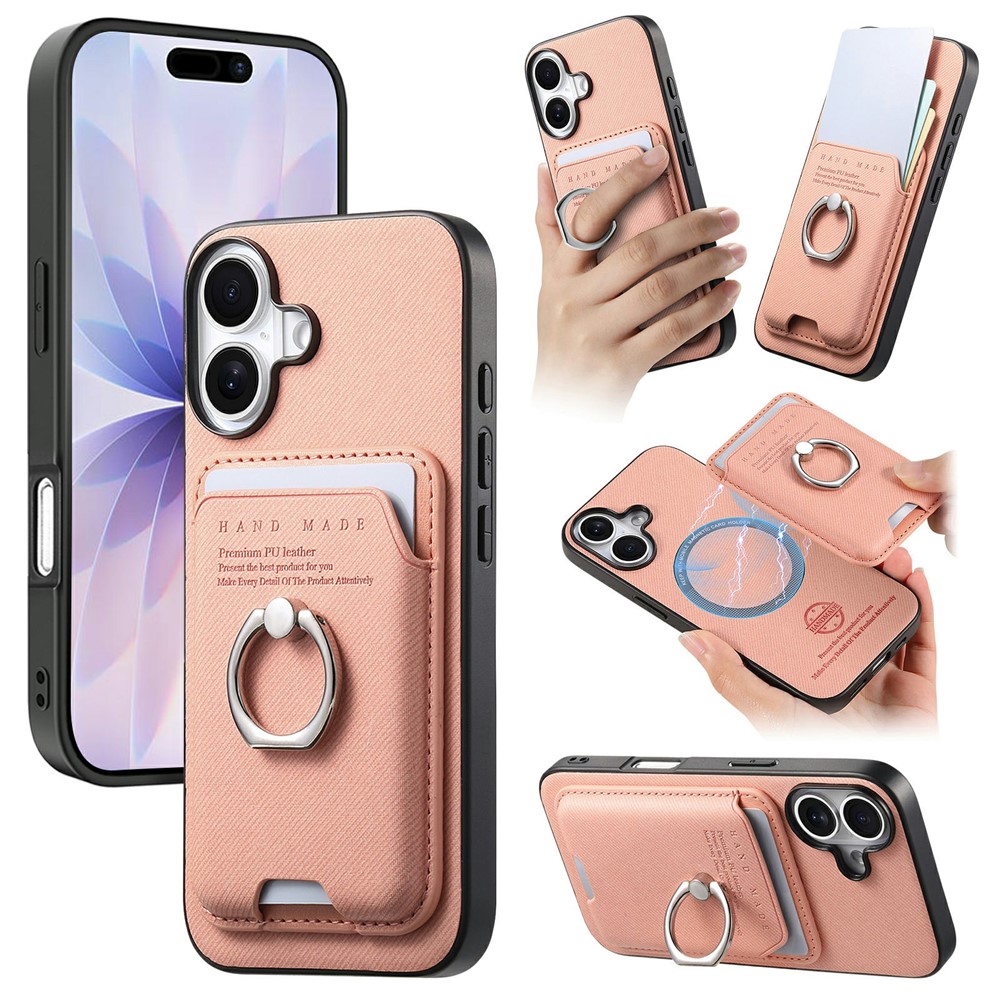 For iPhone 17 Case Cloth Texture Leather + PC + TPU Phone Cover with Detachable Magnetic Ring Kickstand Card Holder - Pink
