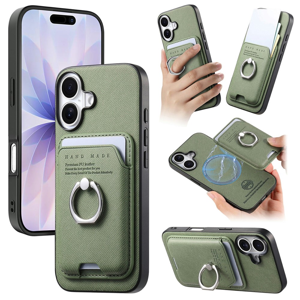 For iPhone 17 Case Cloth Texture Leather + PC + TPU Phone Cover with Detachable Magnetic Ring Kickstand Card Holder - Green