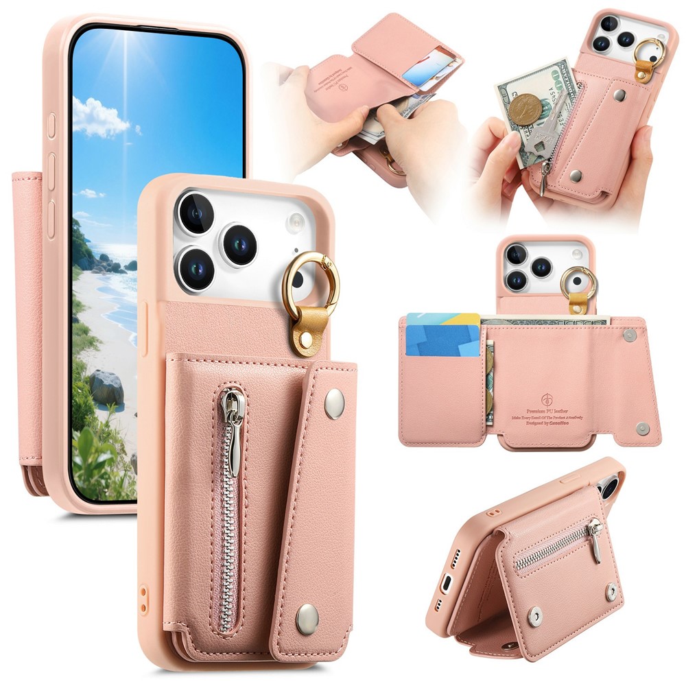 For iPhone 17 Pro Max Case D-Ring Holder Leather + PC + TPU Phone Cover with Wallet Kickstand - Pink