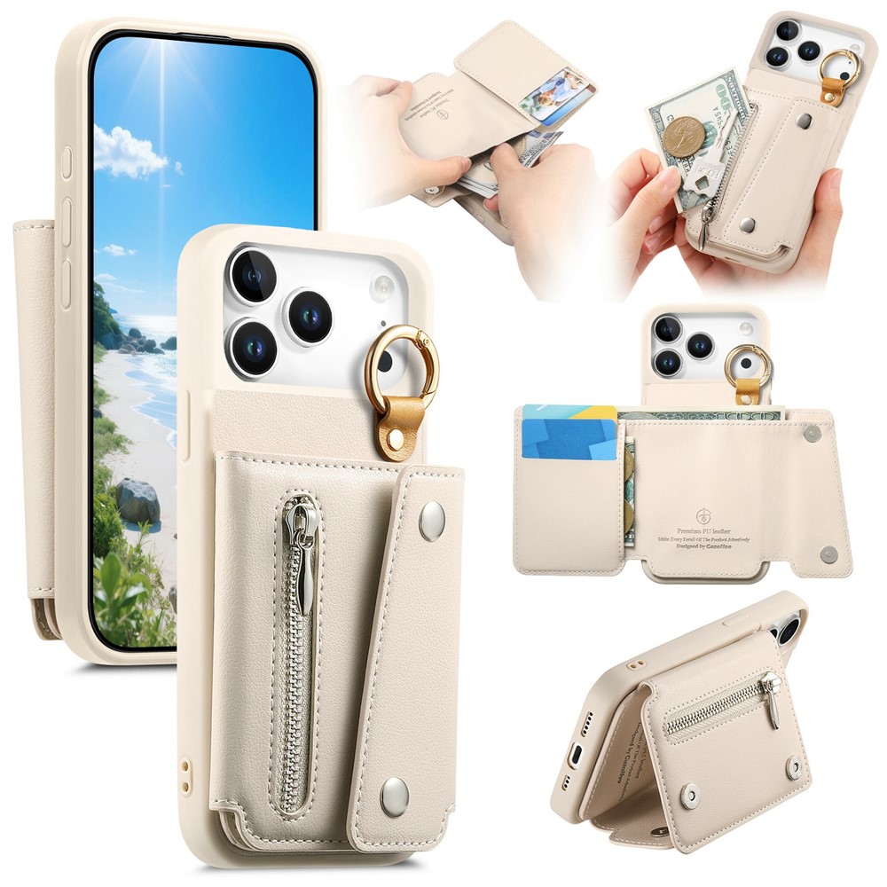 For iPhone 17 Pro Max Case D-Ring Holder Leather + PC + TPU Phone Cover with Wallet Kickstand - White