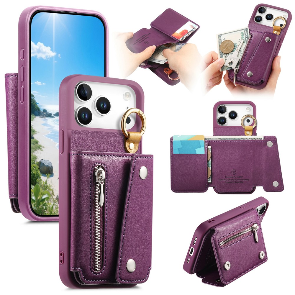 For iPhone 17 Pro Max Case D-Ring Holder Leather + PC + TPU Phone Cover with Wallet Kickstand - Purple