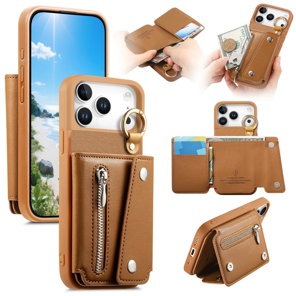 For iPhone 17 Pro Case D-Ring Holder Leather + PC + TPU Phone Cover with Wallet Kickstand - Brown