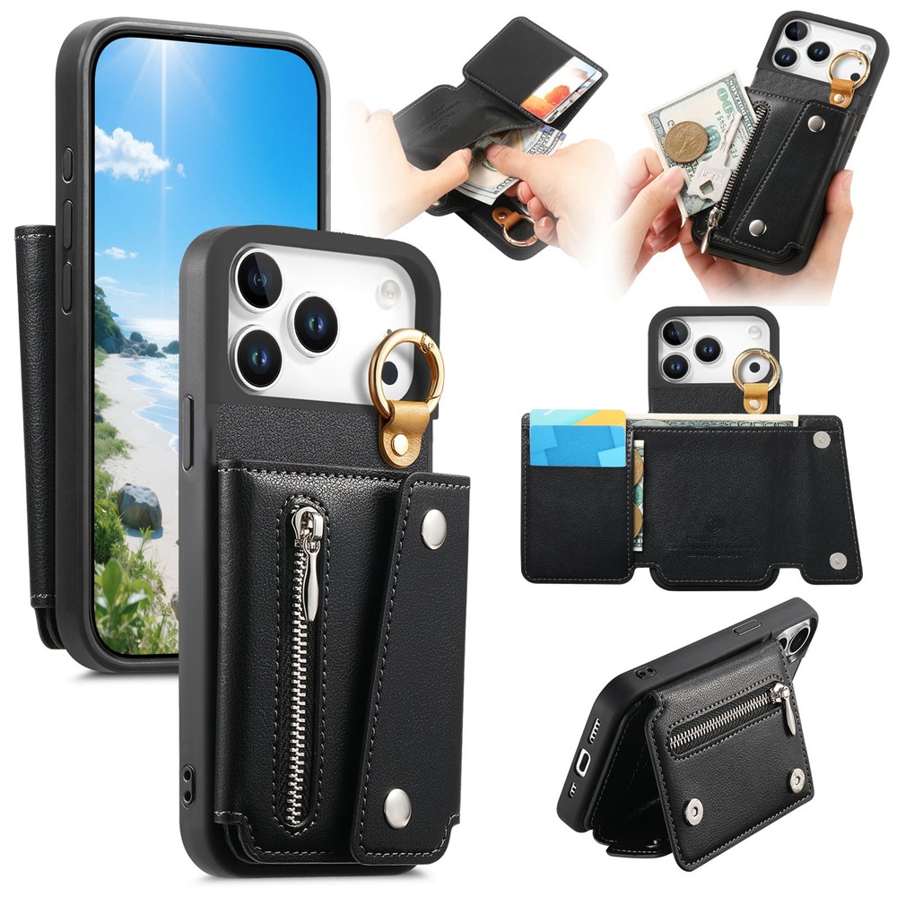 For iPhone 17 Pro Case D-Ring Holder Leather + PC + TPU Phone Cover with Wallet Kickstand - Black