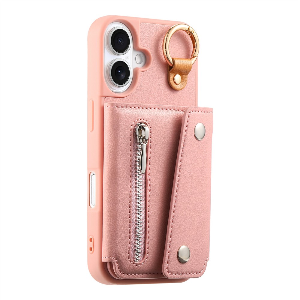 For iPhone 17 Case D-Ring Holder Leather + PC + TPU Phone Cover with Wallet Kickstand - Pink