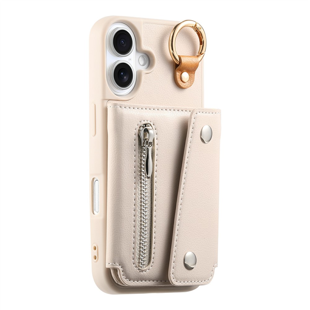 For iPhone 17 Case D-Ring Holder Leather + PC + TPU Phone Cover with Wallet Kickstand - White