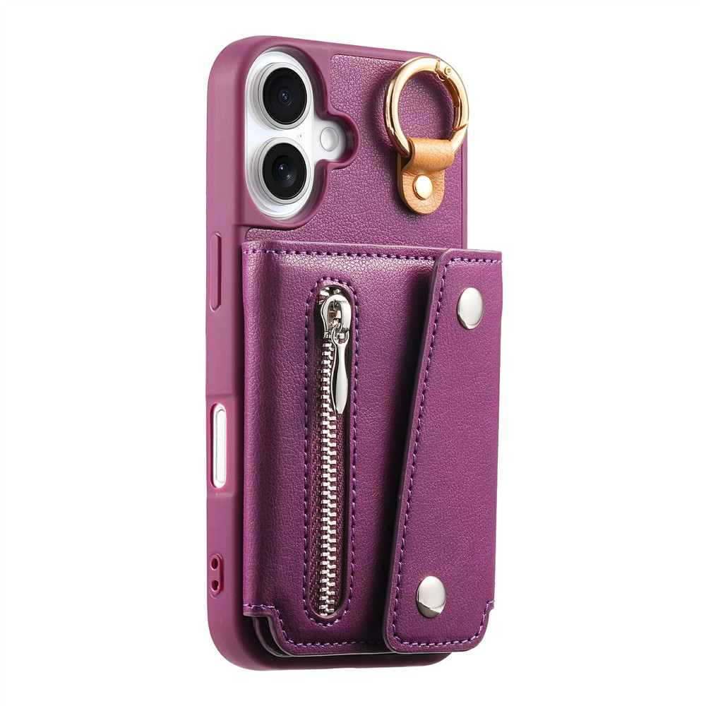 For iPhone 17 Case D-Ring Holder Leather + PC + TPU Phone Cover with Wallet Kickstand - Purple