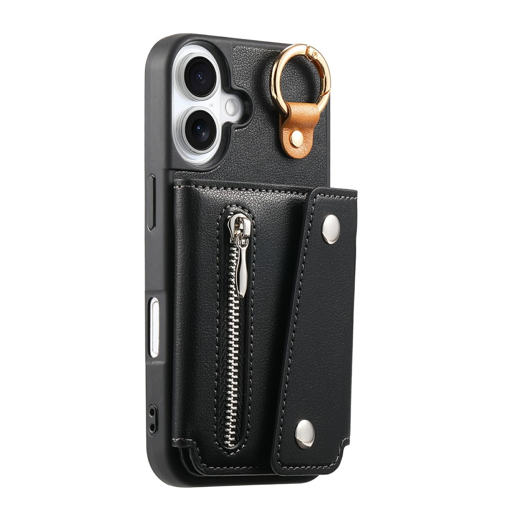 For iPhone 17 Case D-Ring Holder Leather + PC + TPU Phone Cover with Wallet Kickstand - Black