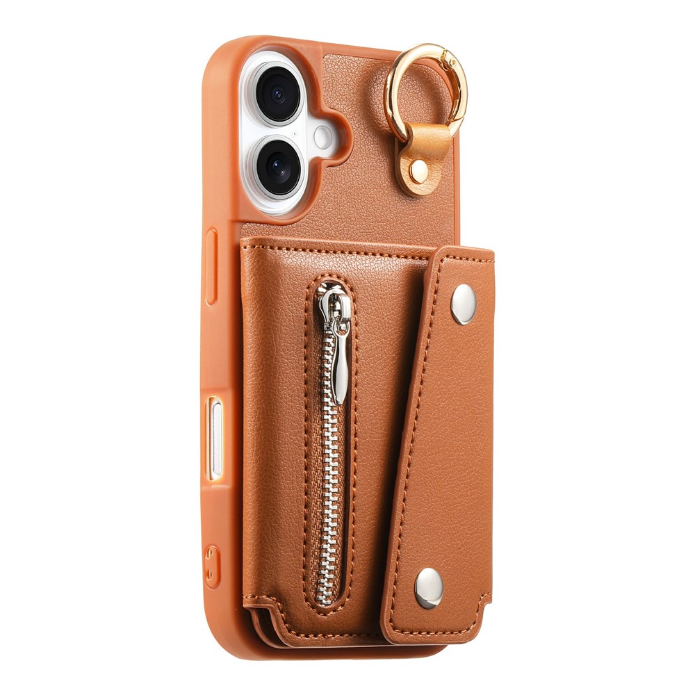 For iPhone 17 Case D-Ring Holder Leather + PC + TPU Phone Cover with Wallet Kickstand - Brown