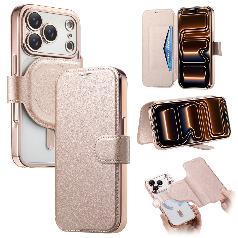 For iPhone 17 Pro Max Case Compatible with MagSafe Detachable Leather Phone Cover with Lens Film - Rose Gold