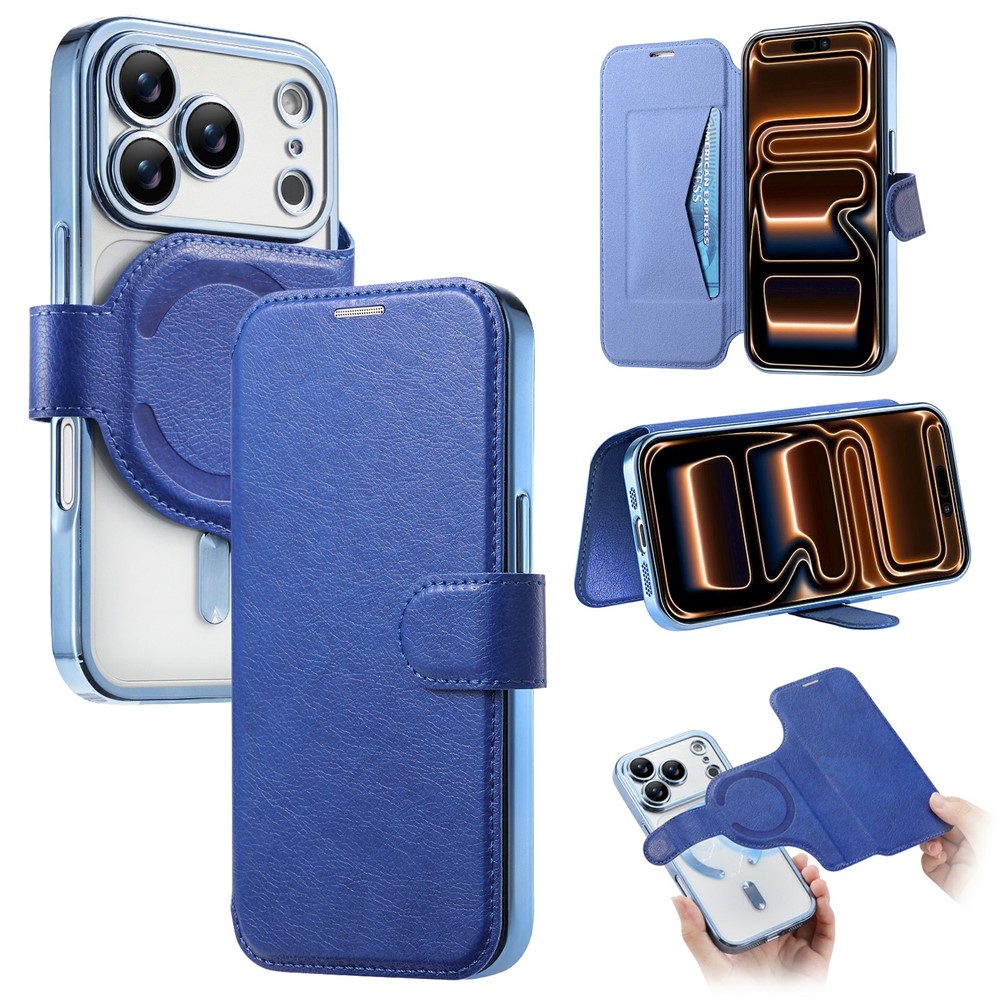 For iPhone 17 Pro Max Case Compatible with MagSafe Detachable Leather Phone Cover with Lens Film - Blue