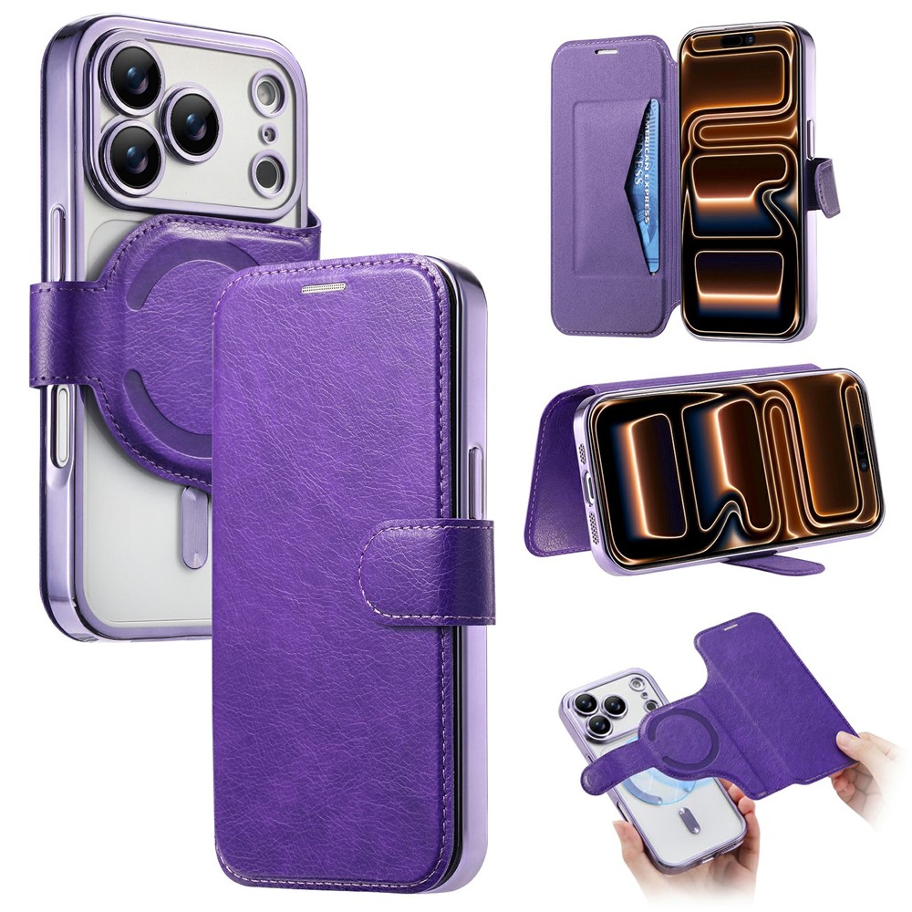 For iPhone 17 Pro Max Case Compatible with MagSafe Detachable Leather Phone Cover with Lens Film - Light Purple