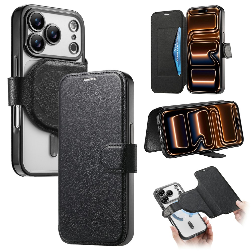 For iPhone 17 Pro Max Case Compatible with MagSafe Detachable Leather Phone Cover with Lens Film - Black