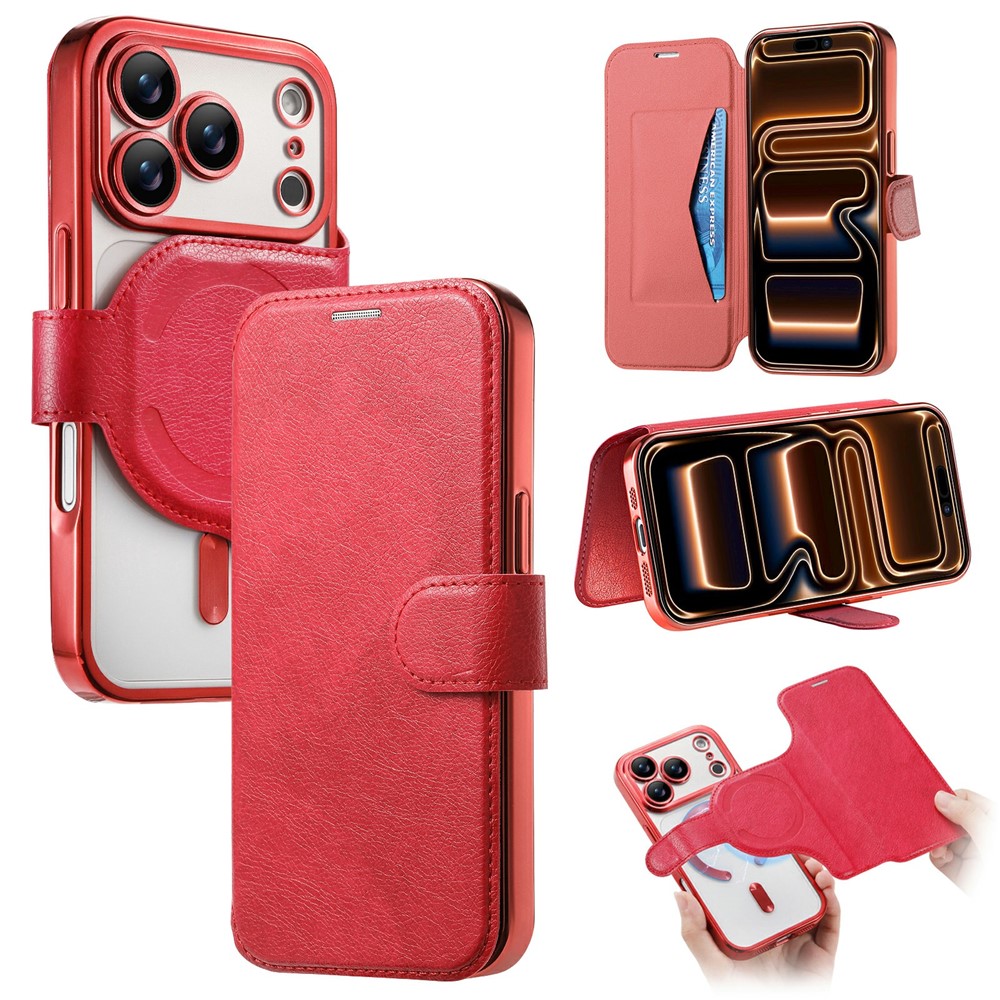 For iPhone 17 Pro Max Case Compatible with MagSafe Detachable Leather Phone Cover with Lens Film - Red