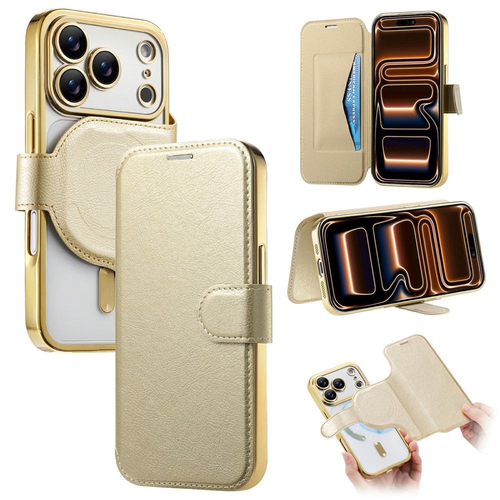 For iPhone 17 Pro Max Case Compatible with MagSafe Detachable Leather Phone Cover with Lens Film - Gold