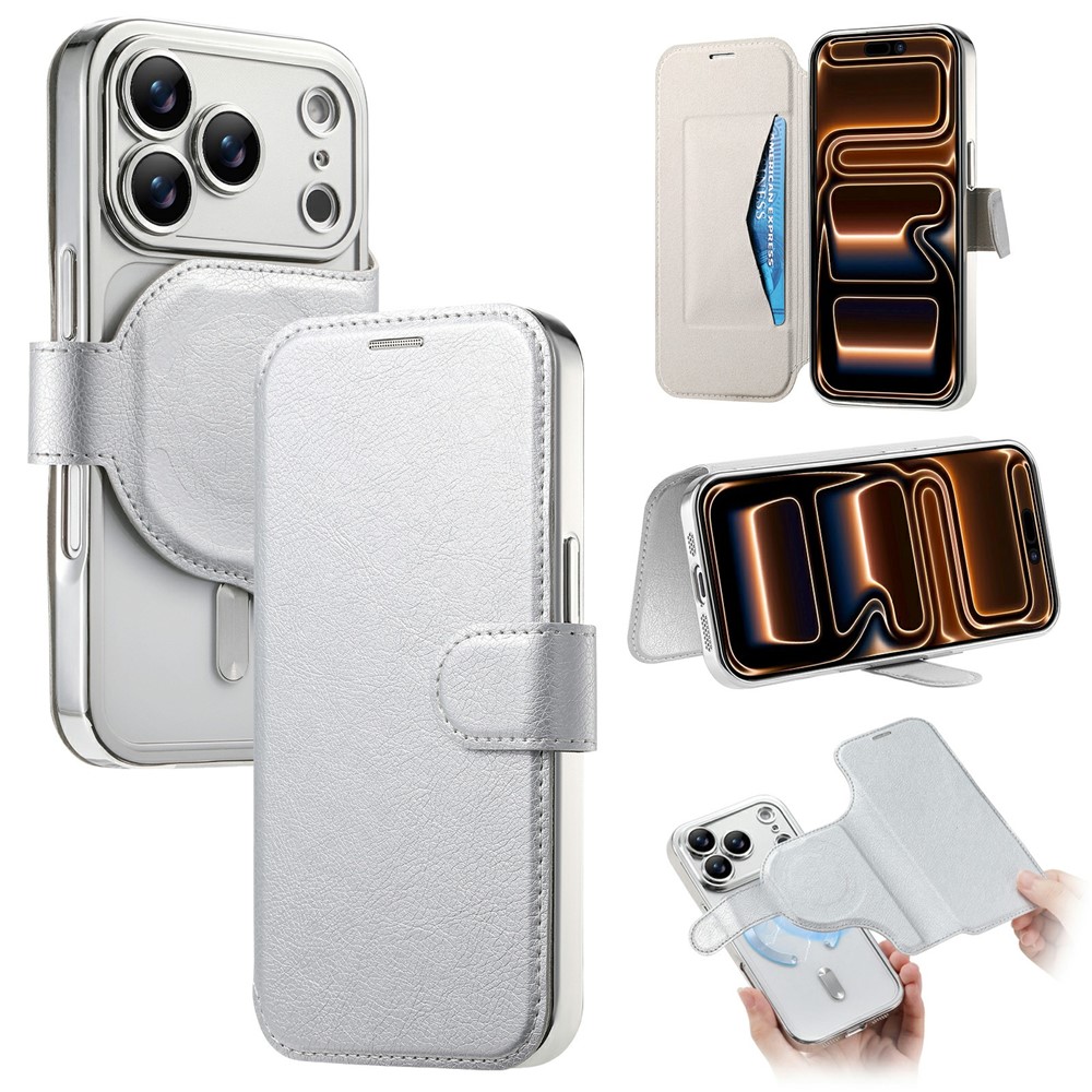 For iPhone 17 Pro Case Compatible with MagSafe Detachable Leather Phone Cover with Lens Film - Silver
