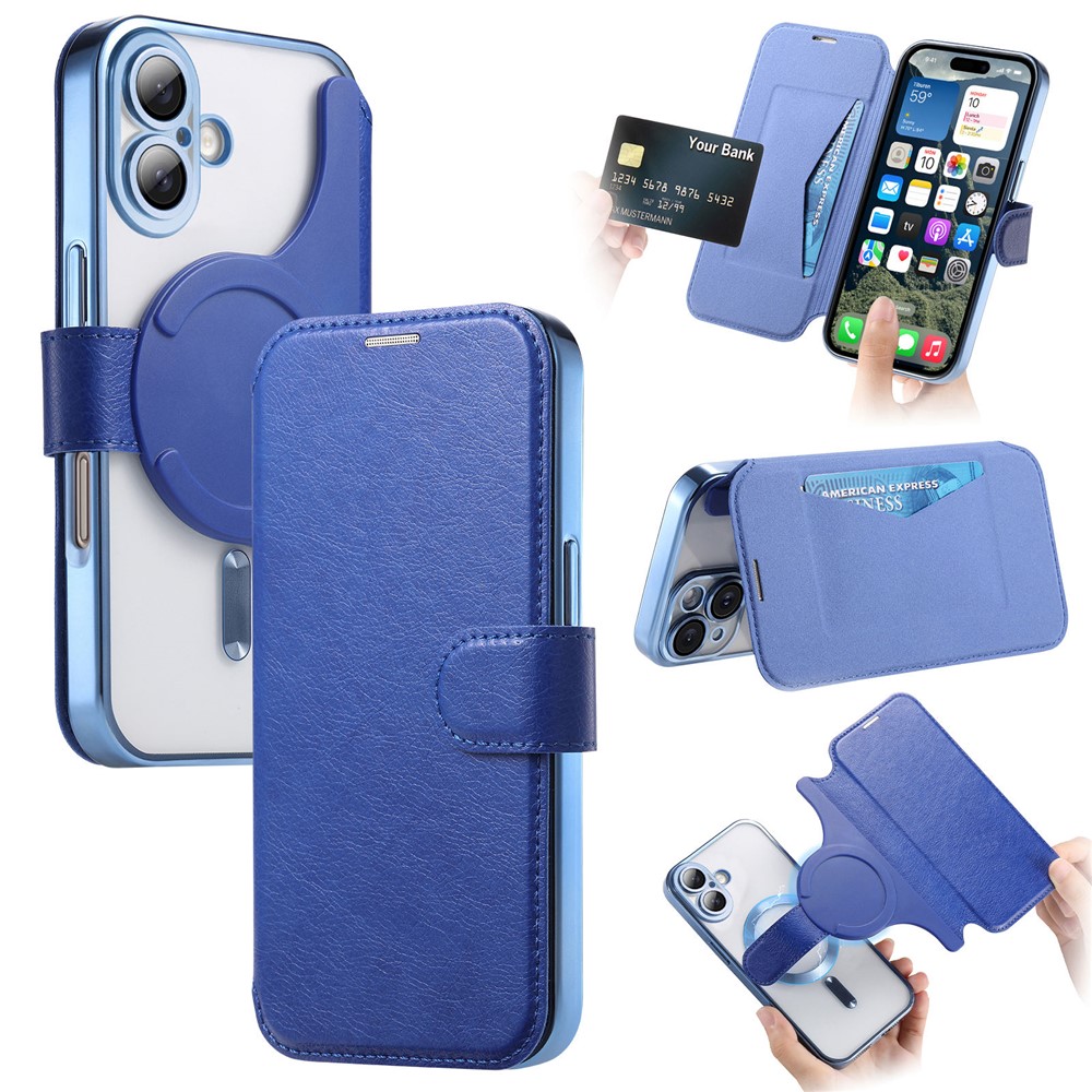 For iPhone 17 Case Compatible with MagSafe Detachable Leather Phone Cover with Lens Film - Blue
