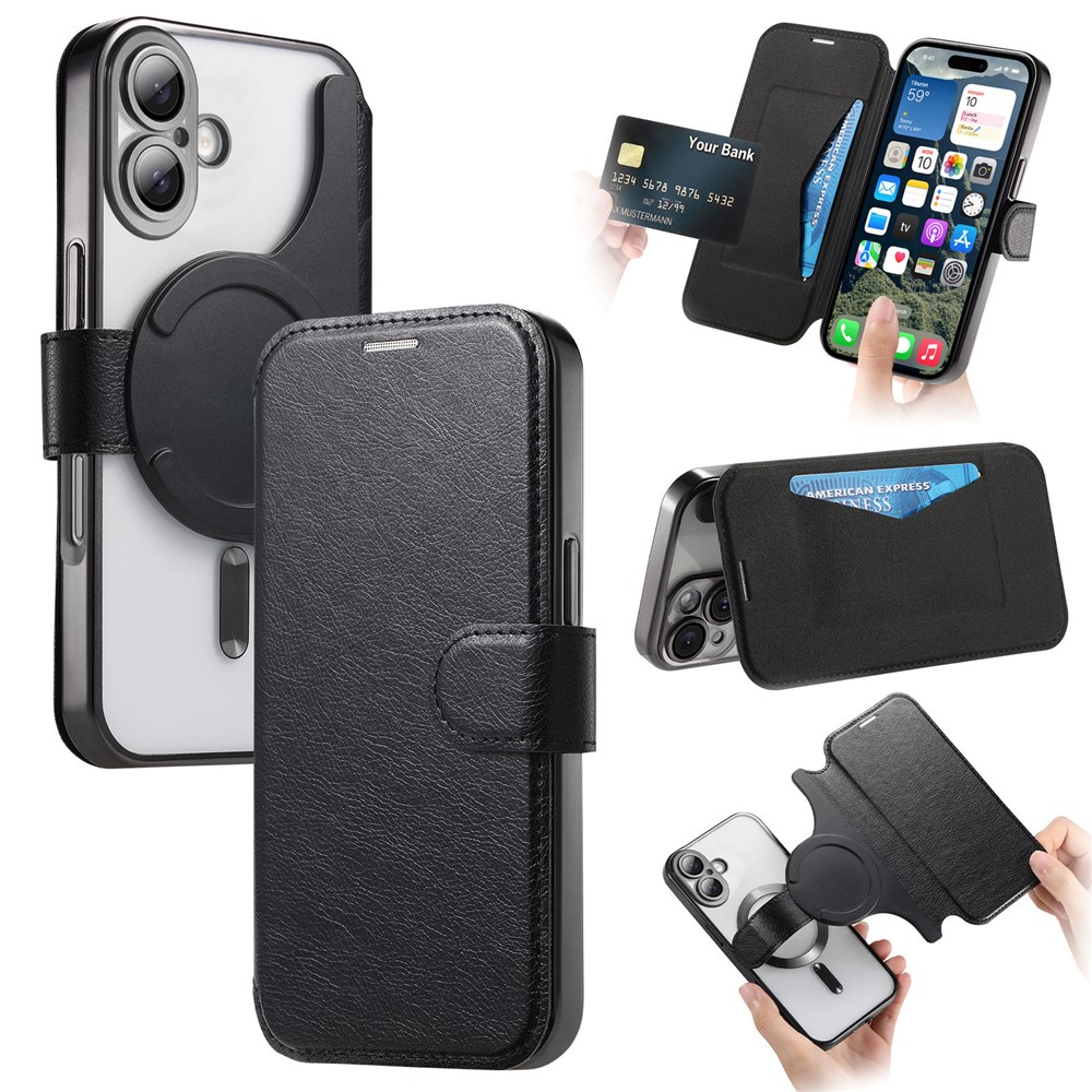 For iPhone 17 Case Compatible with MagSafe Detachable Leather Phone Cover with Lens Film - Black