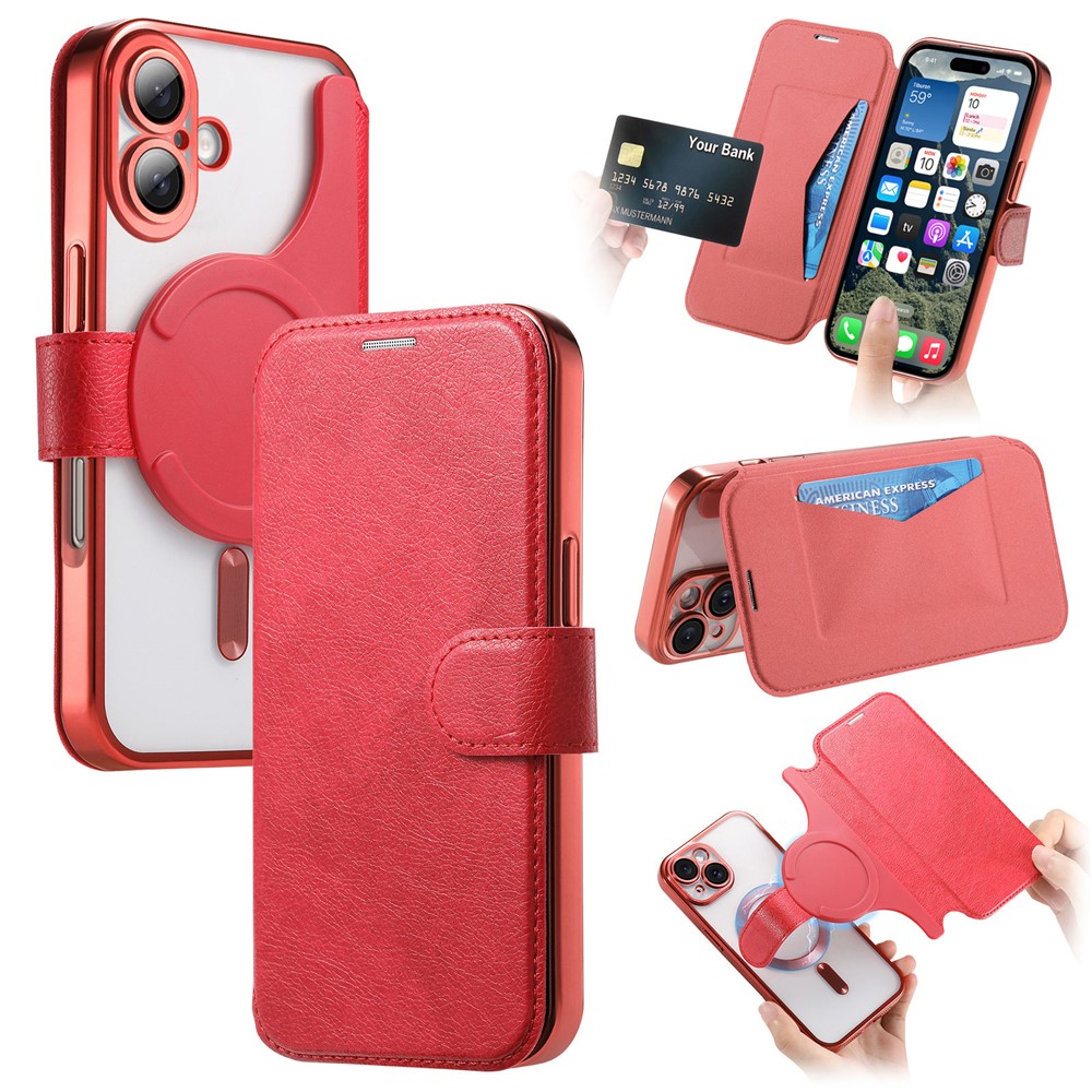 For iPhone 17 Case Compatible with MagSafe Detachable Leather Phone Cover with Lens Film - Red