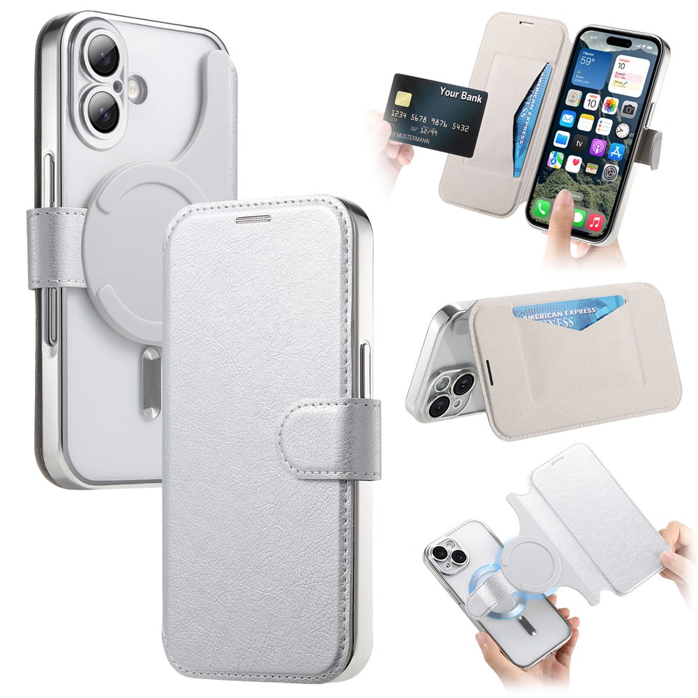 For iPhone 17 Case Compatible with MagSafe Detachable Leather Phone Cover with Lens Film - Silver