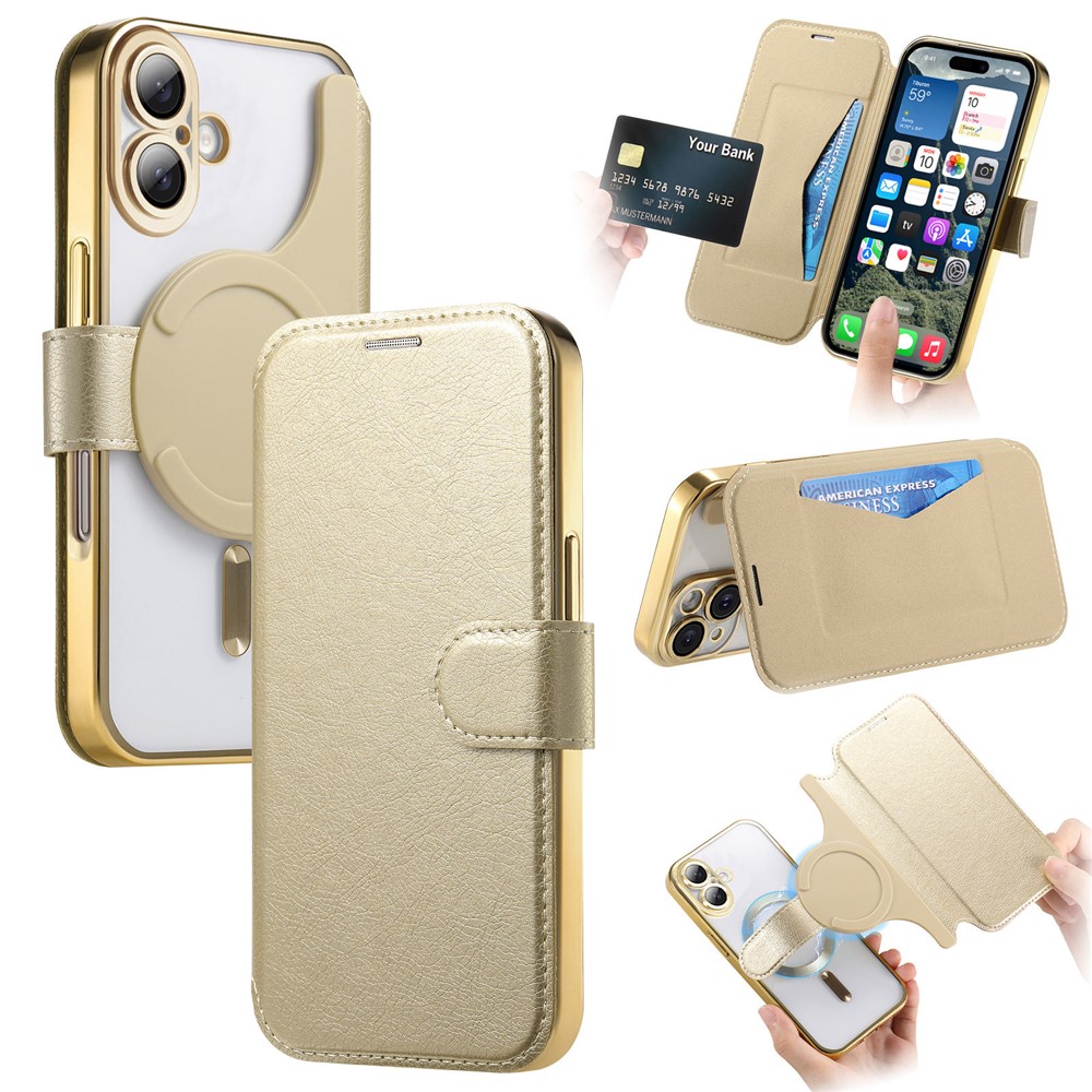 For iPhone 17 Case Compatible with MagSafe Detachable Leather Phone Cover with Lens Film - Gold