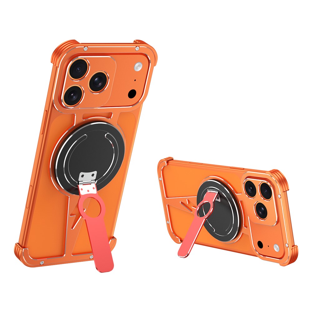 For iPhone 17 Pro Magnetic Case Aluminum Alloy Framless Phone Cover with Kickstand / Lens Protector - Orange