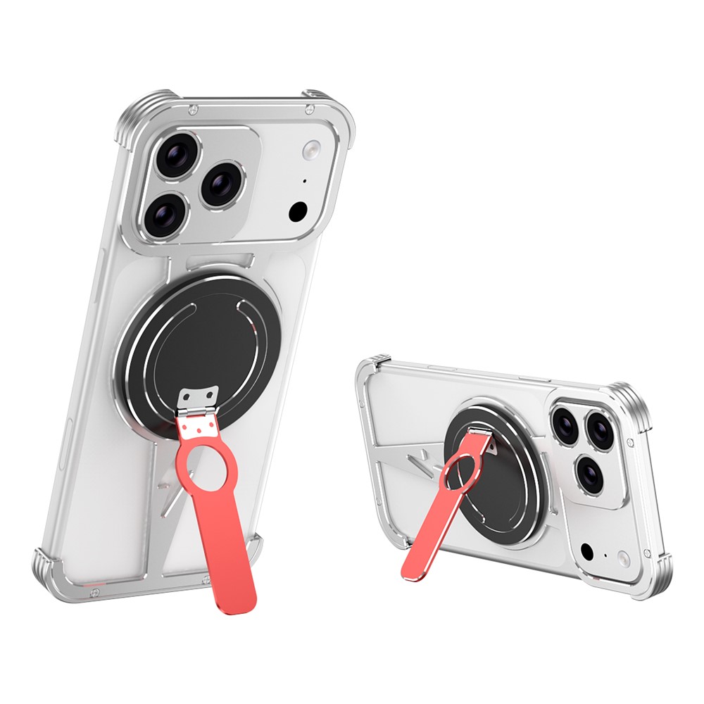 For iPhone 17 Pro Magnetic Case Aluminum Alloy Framless Phone Cover with Kickstand / Lens Protector - Silver