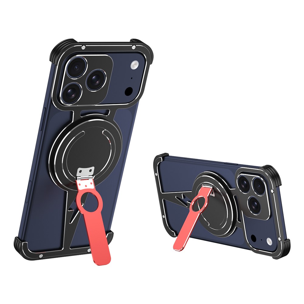 For iPhone 17 Pro Magnetic Case Aluminum Alloy Framless Phone Cover with Kickstand / Lens Protector - Black
