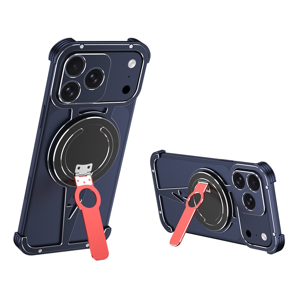For iPhone 17 Pro Max Magnetic Case Aluminum Alloy Framless Phone Cover with Kickstand / Lens Protector - Blue