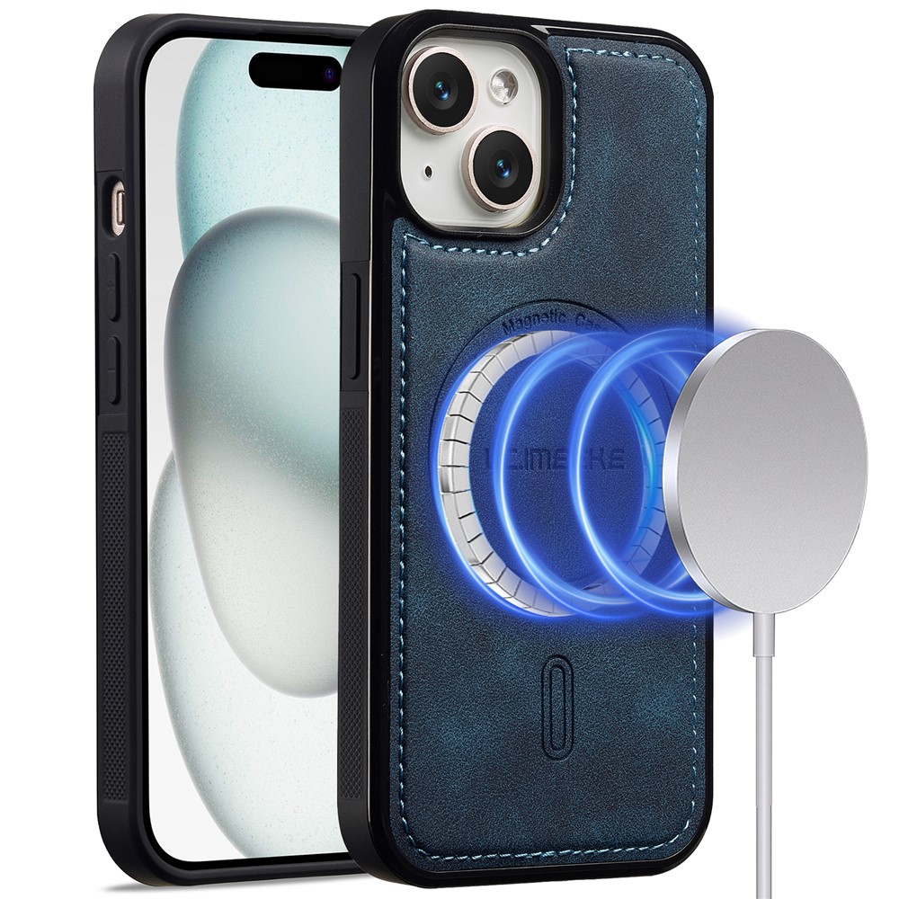 LC.IMEEKE L6 For iPhone 15 Case PU Leather Coated PC TPU Phone Cover Compatible with MagSafe - Blue