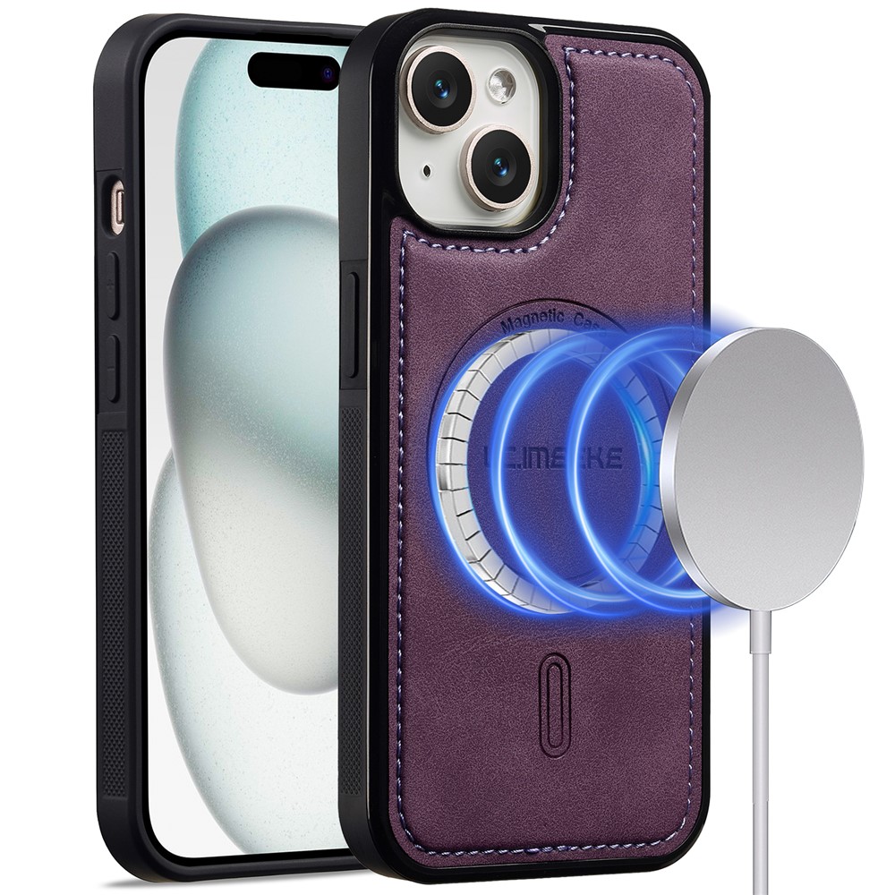 LC.IMEEKE L6 For iPhone 15 Case PU Leather Coated PC TPU Phone Cover Compatible with MagSafe - Purple