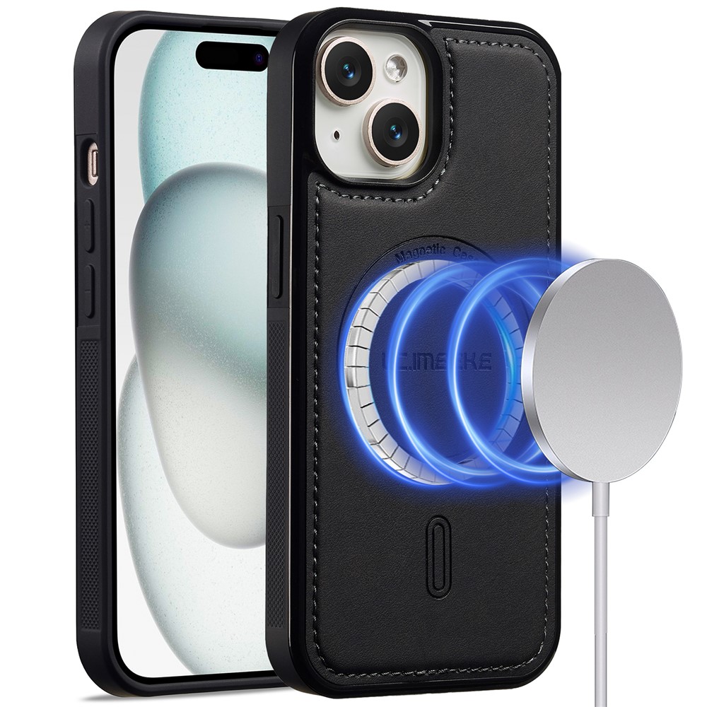 LC.IMEEKE L6 For iPhone 15 Case PU Leather Coated PC TPU Phone Cover Compatible with MagSafe - Black