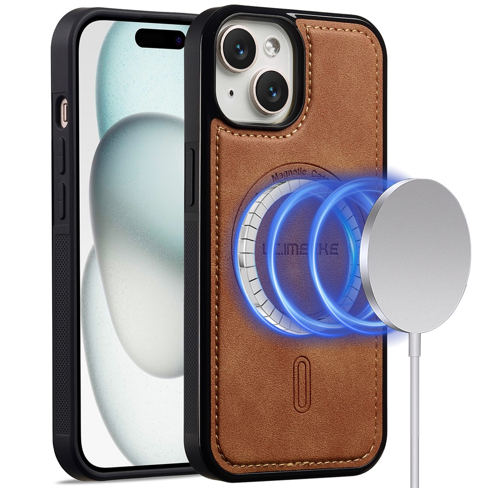 LC.IMEEKE L6 For iPhone 15 Case PU Leather Coated PC TPU Phone Cover Compatible with MagSafe - Brown
