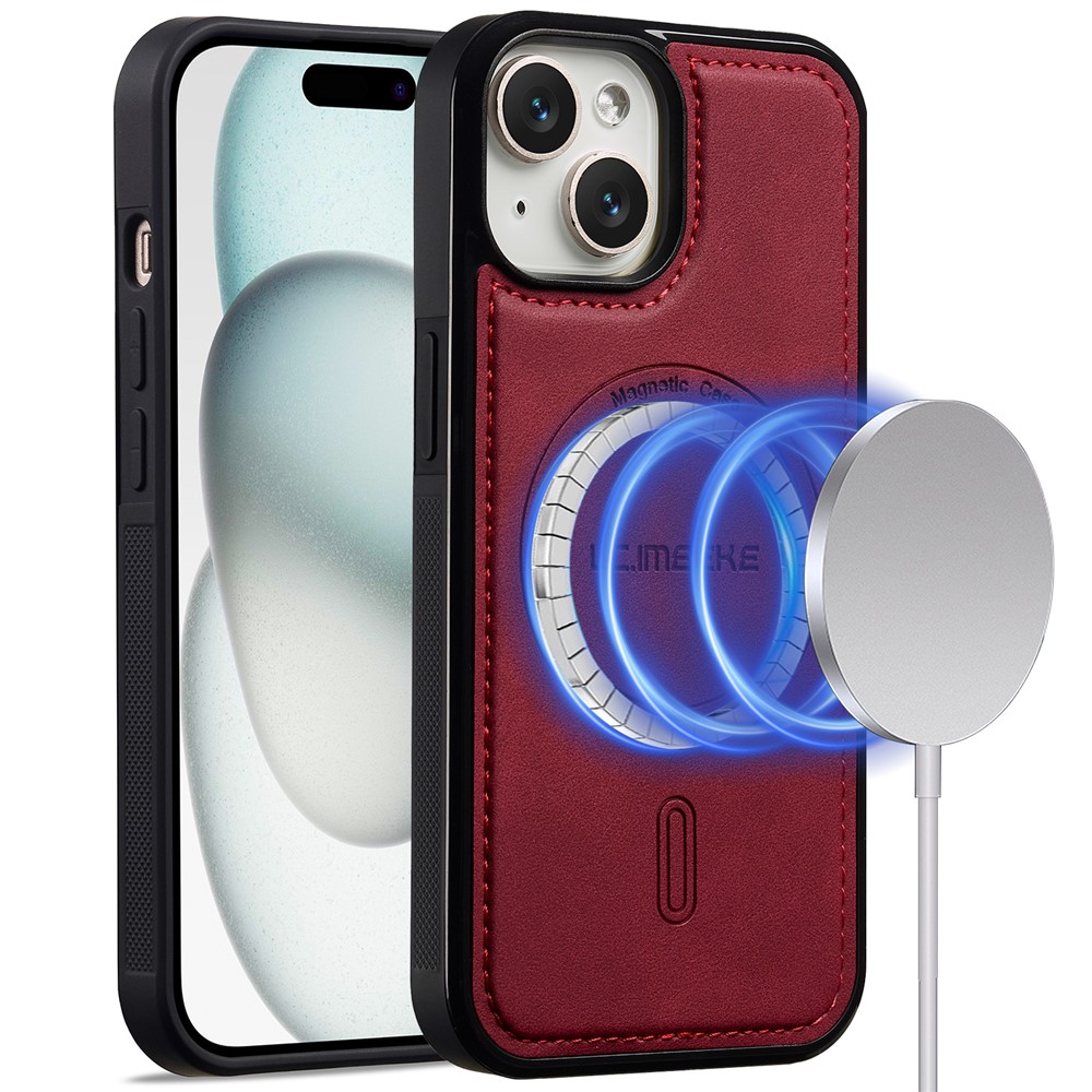 LC.IMEEKE L6 For iPhone 15 Case PU Leather Coated PC TPU Phone Cover Compatible with MagSafe - Red