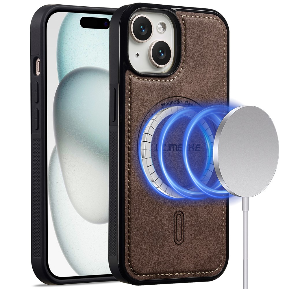 LC.IMEEKE L6 For iPhone 15 Case PU Leather Coated PC TPU Phone Cover Compatible with MagSafe - Coffee