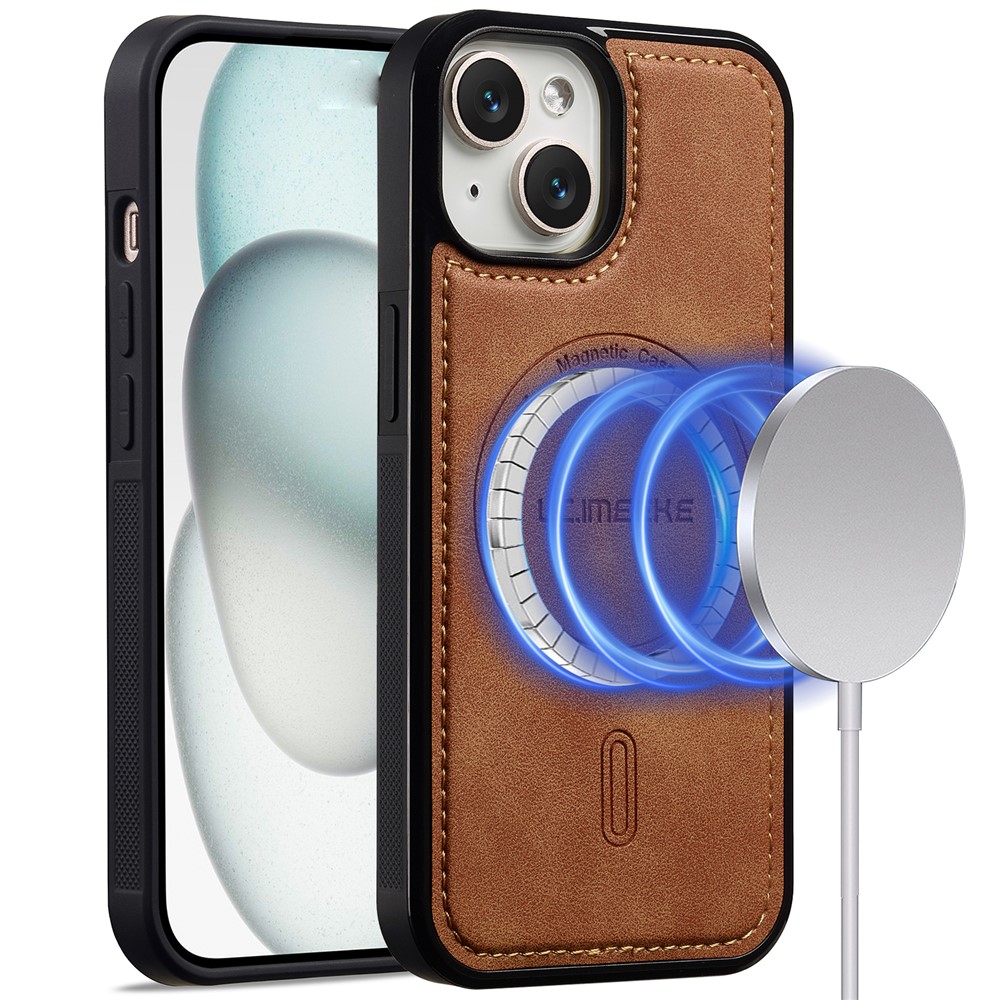 LC.IMEEKE L6 For iPhone 14 / 13 Case PU Leather Coated PC TPU Phone Cover Compatible with MagSafe - Brown