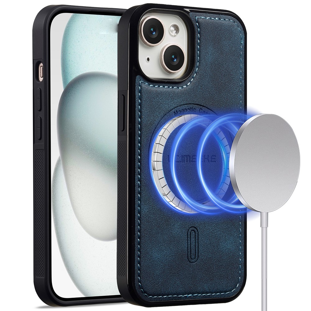 LC.IMEEKE L6 For iPhone 15 Plus / 14 Plus Case PU Leather Coated PC TPU Phone Cover Compatible with MagSafe - Blue