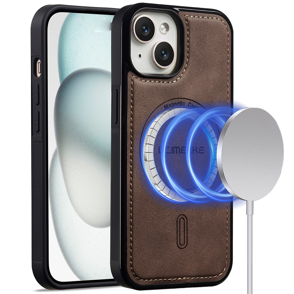 LC.IMEEKE L6 For iPhone 15 Plus / 14 Plus Case PU Leather Coated PC TPU Phone Cover Compatible with MagSafe - Coffee