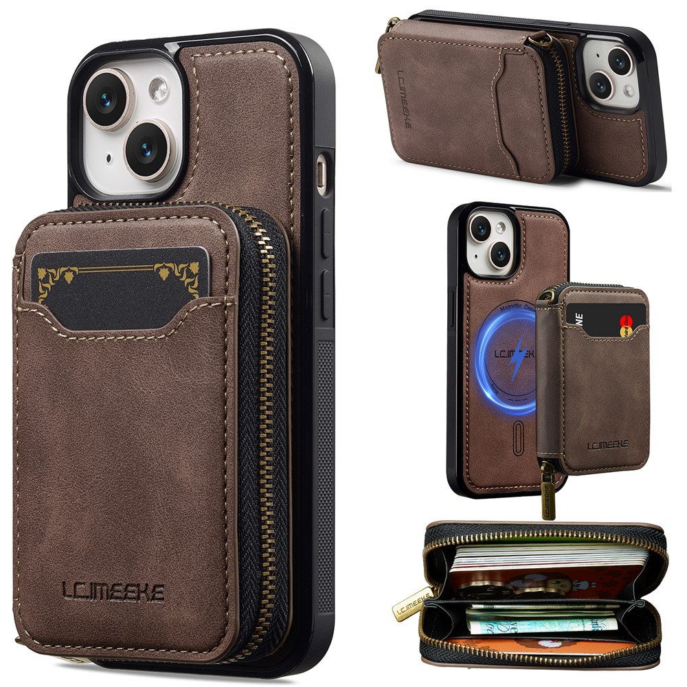 LC.IMEEKE L6 For iPhone 13 mini / 12 mini Magnetic Case Detachable Zipper Wallet Leather Coated PC + TPU Phone Cover - Coffee