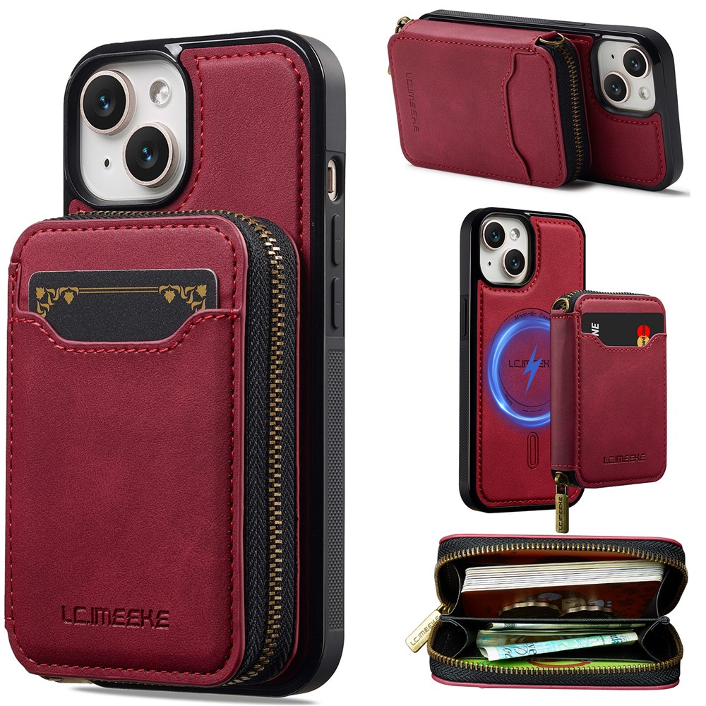 LC.IMEEKE L6 For iPhone 14 / 13 Magnetic Case Detachable Zipper Wallet Leather Coated PC + TPU Phone Cover - Red