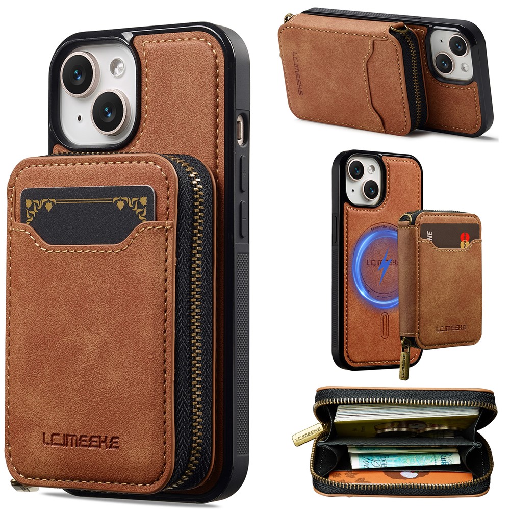 LC.IMEEKE L6 For iPhone 15 Plus / 14 Plus Magnetic Case Detachable Zipper Wallet Leather Coated PC + TPU Phone Cover - Brown