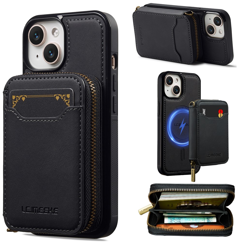 LC.IMEEKE L6 For iPhone 15 Plus / 14 Plus Magnetic Case Detachable Zipper Wallet Leather Coated PC + TPU Phone Cover - Black