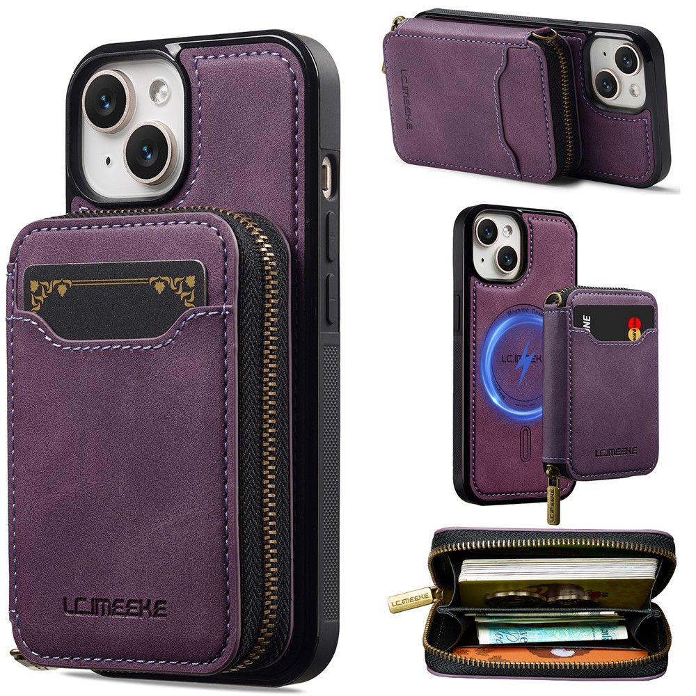 LC.IMEEKE L6 For iPhone 15 Magnetic Case Detachable Zipper Wallet Leather Coated PC + TPU Phone Cover - Purple