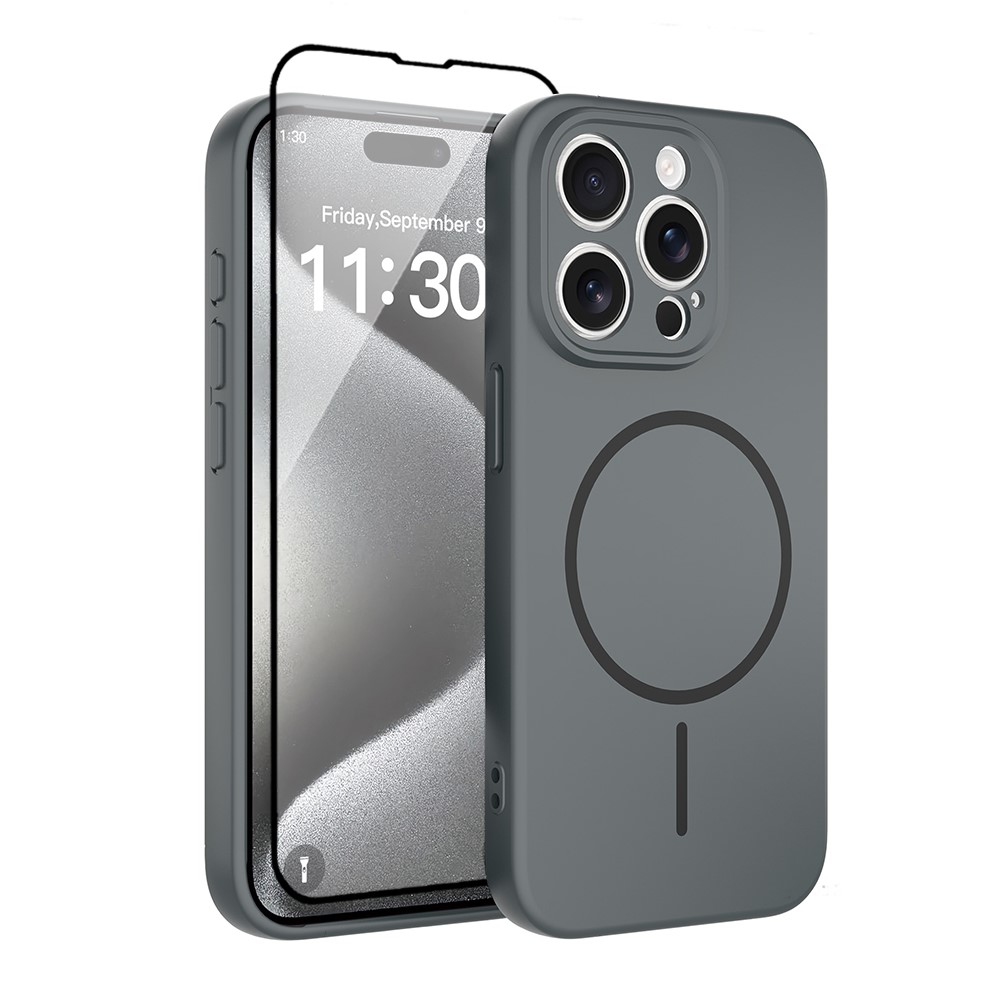 For iPhone 15 Pro Magnetic Case PC + TPU Phone Cover with Tempered Glass Screen Film - Dark Grey