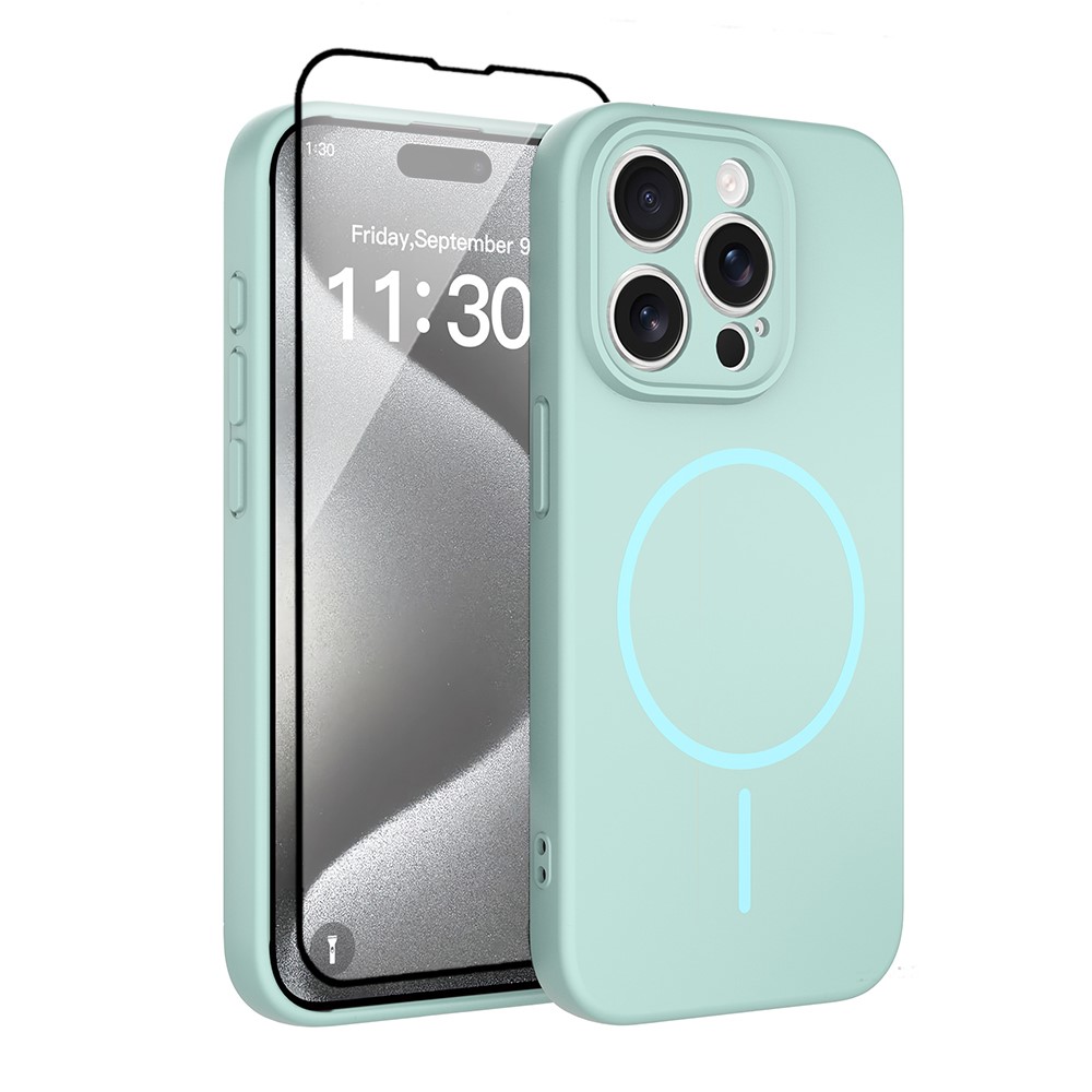 For iPhone 15 Pro Magnetic Case PC + TPU Phone Cover with Tempered Glass Screen Film - Blue